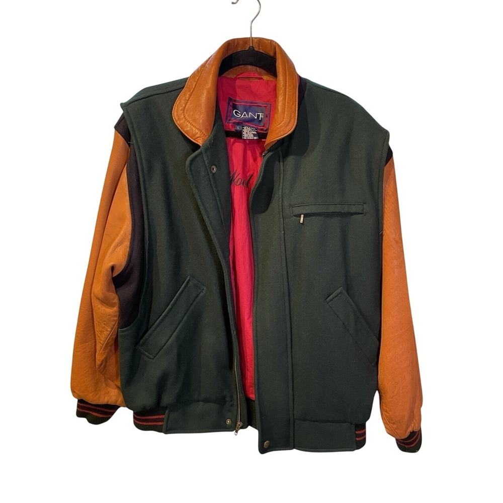 Vintage Gant‎ Men's Varsity Green Bomber Jacket Wool Sz Large Leather Sleeves